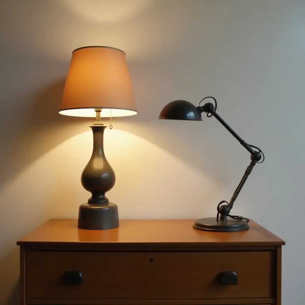 a photo of a vintage metal lamp on a wooden dresser