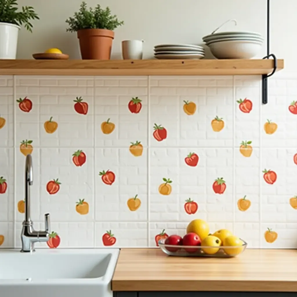 a photo of a playful fruit-themed tile backsplash in a cheerful kitchen