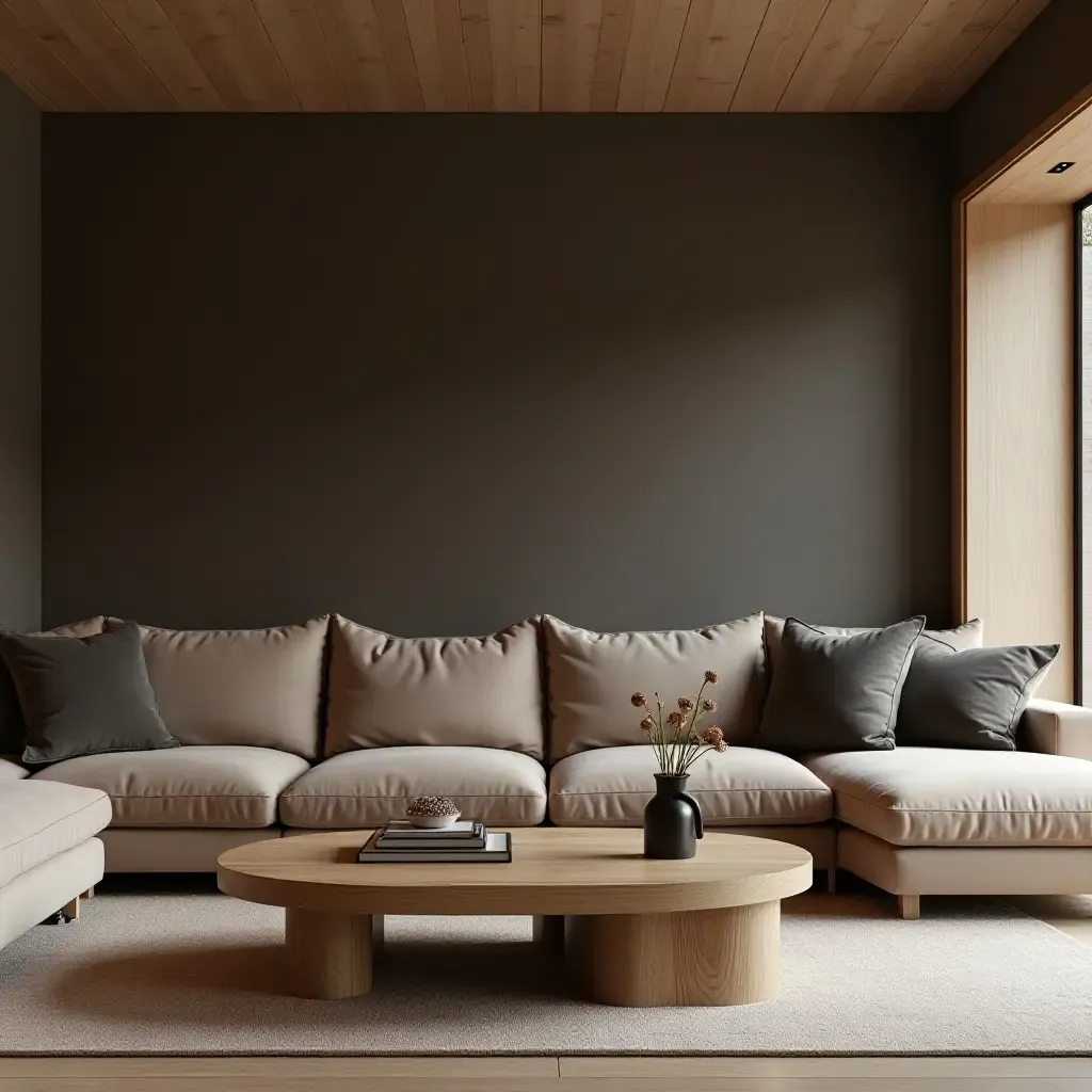 a photo of a wooden coffee table in a chic basement lounge