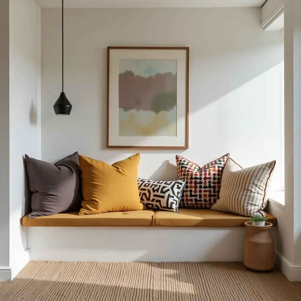 a photo of a modern basement decorated with colorful throw pillows on a minimalist bench