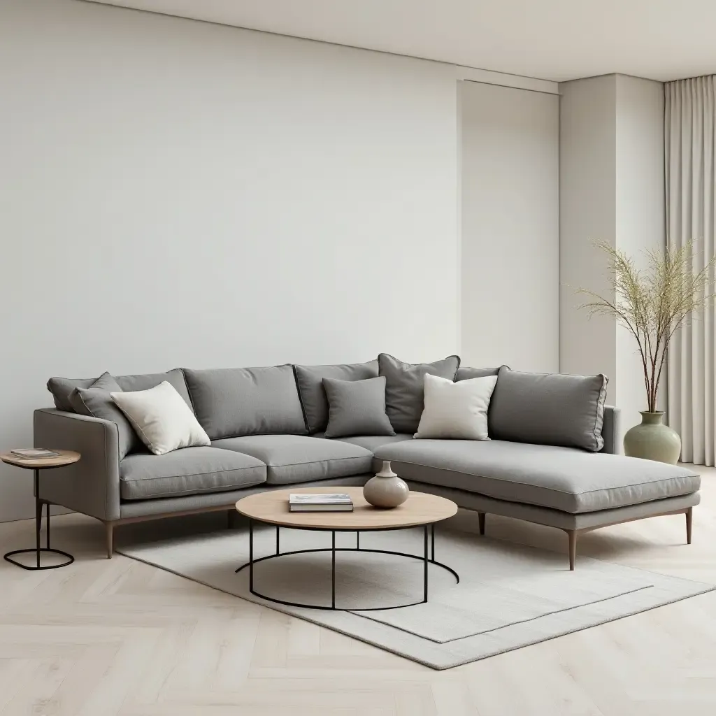 a photo of a modern sectional sofa with metal and wood side tables