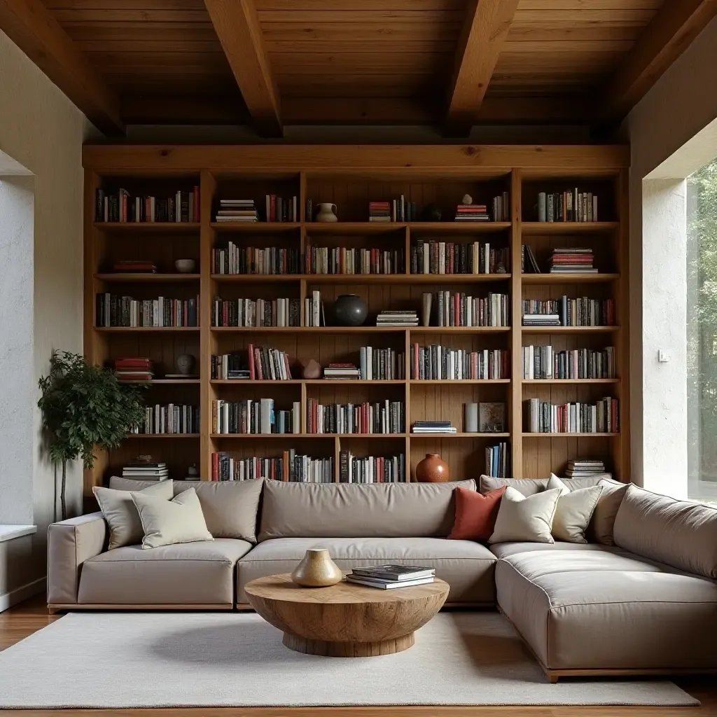 a photo of a home library with a large bookshelf made of reclaimed wood