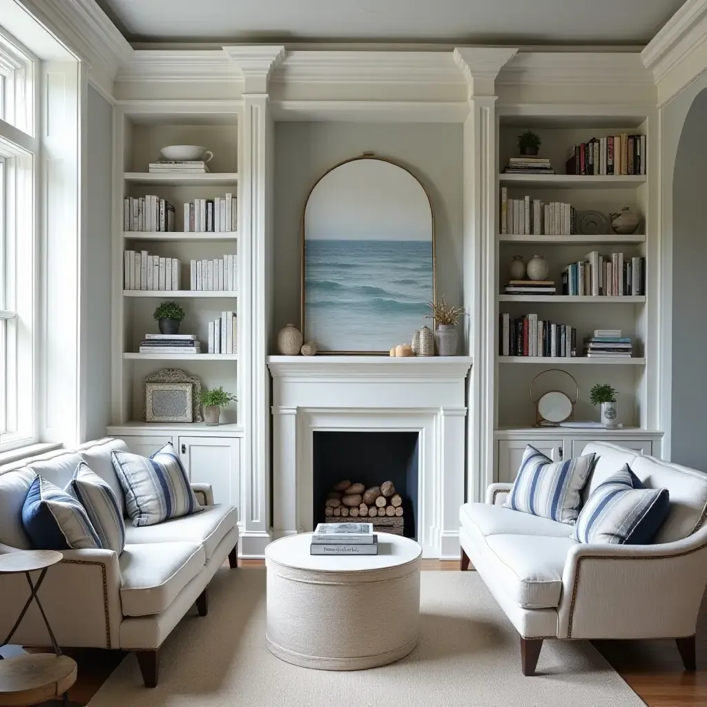 a photo of a nautical navy and white library with seaside elements