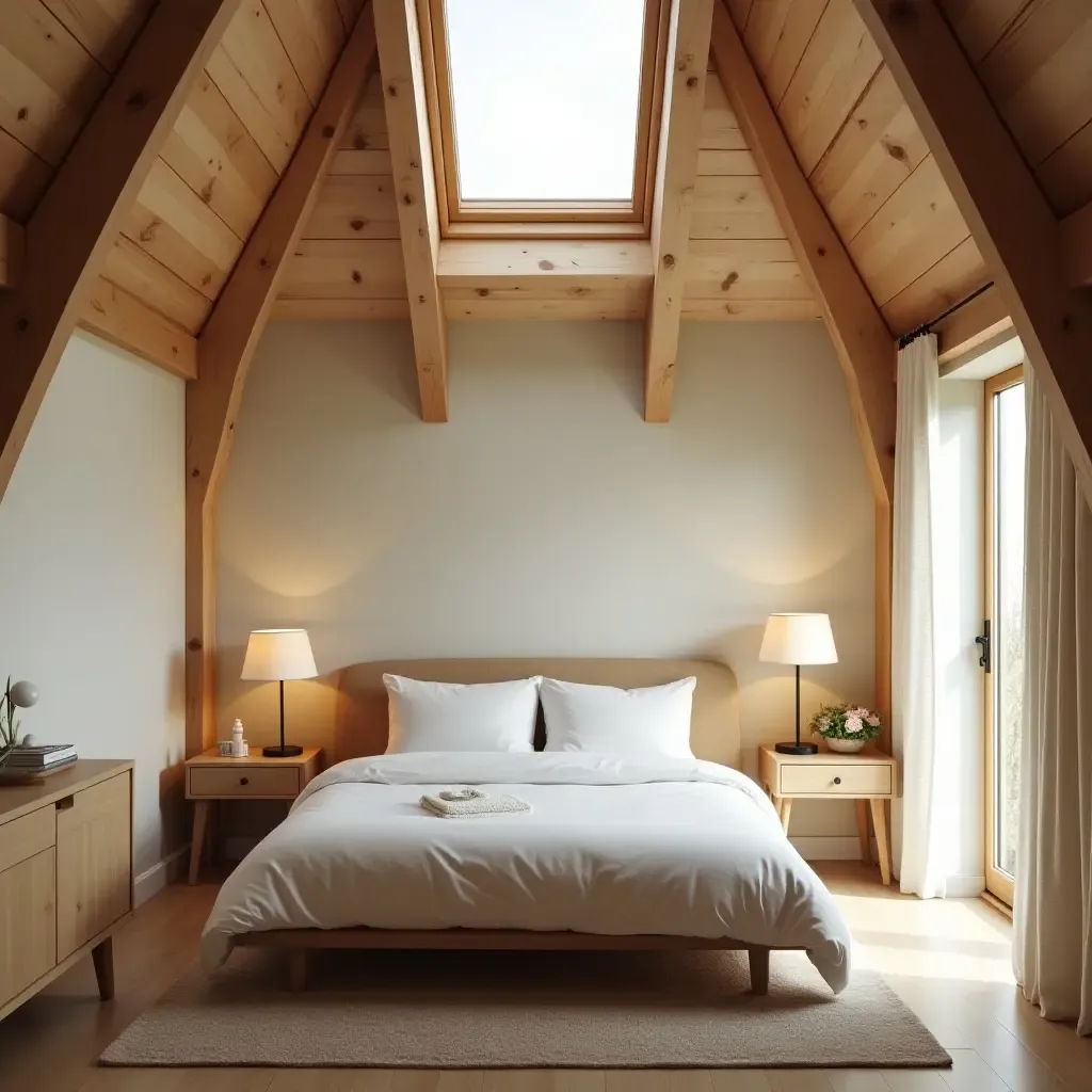 a photo of a bedroom with wooden beams and a skylight