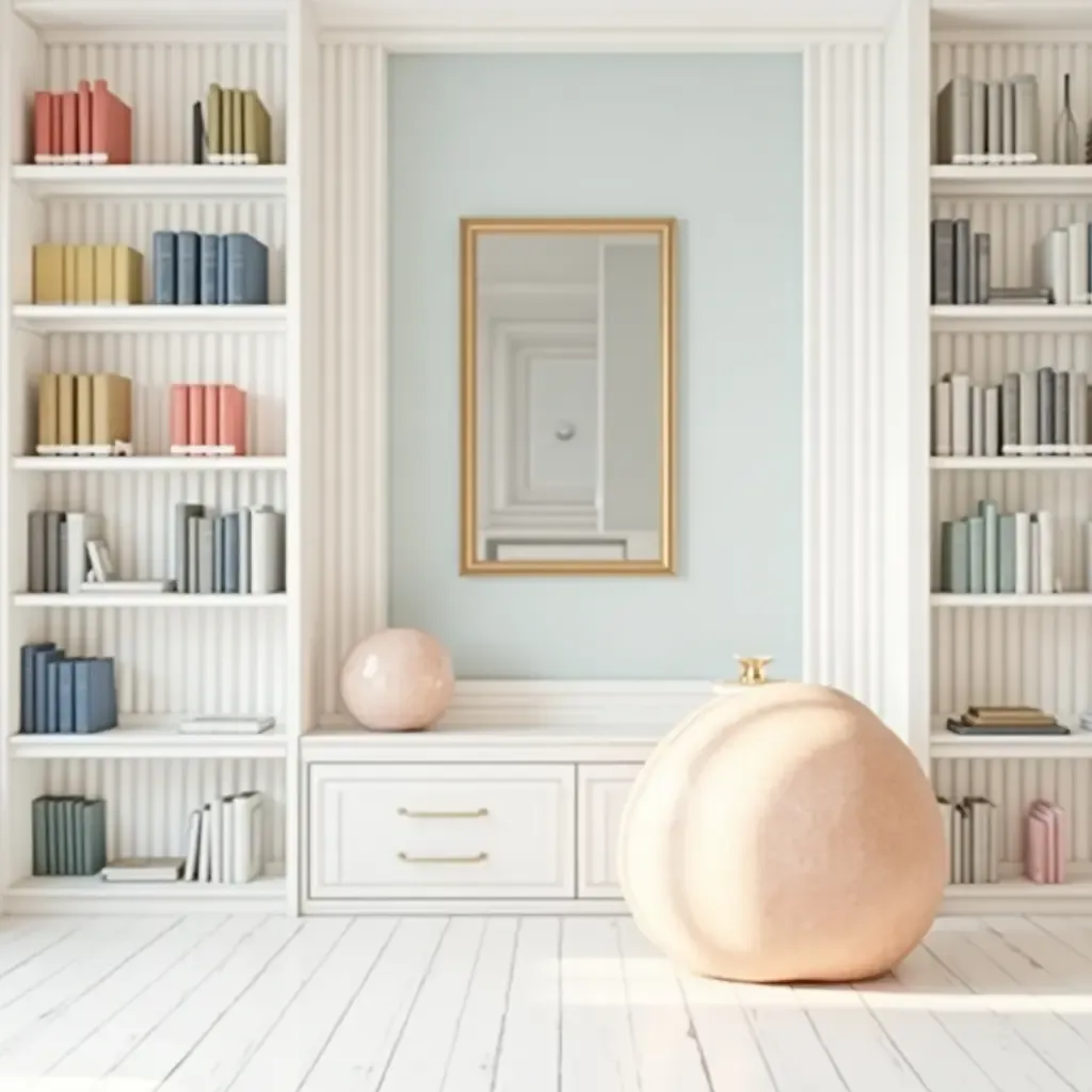 a photo of an airy library with white walls and pops of pastel colors