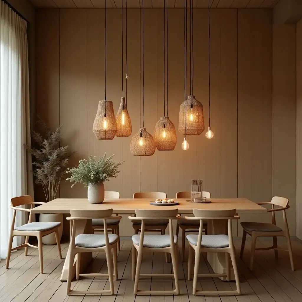 a photo of a nature-inspired room with pendant lights made of natural materials