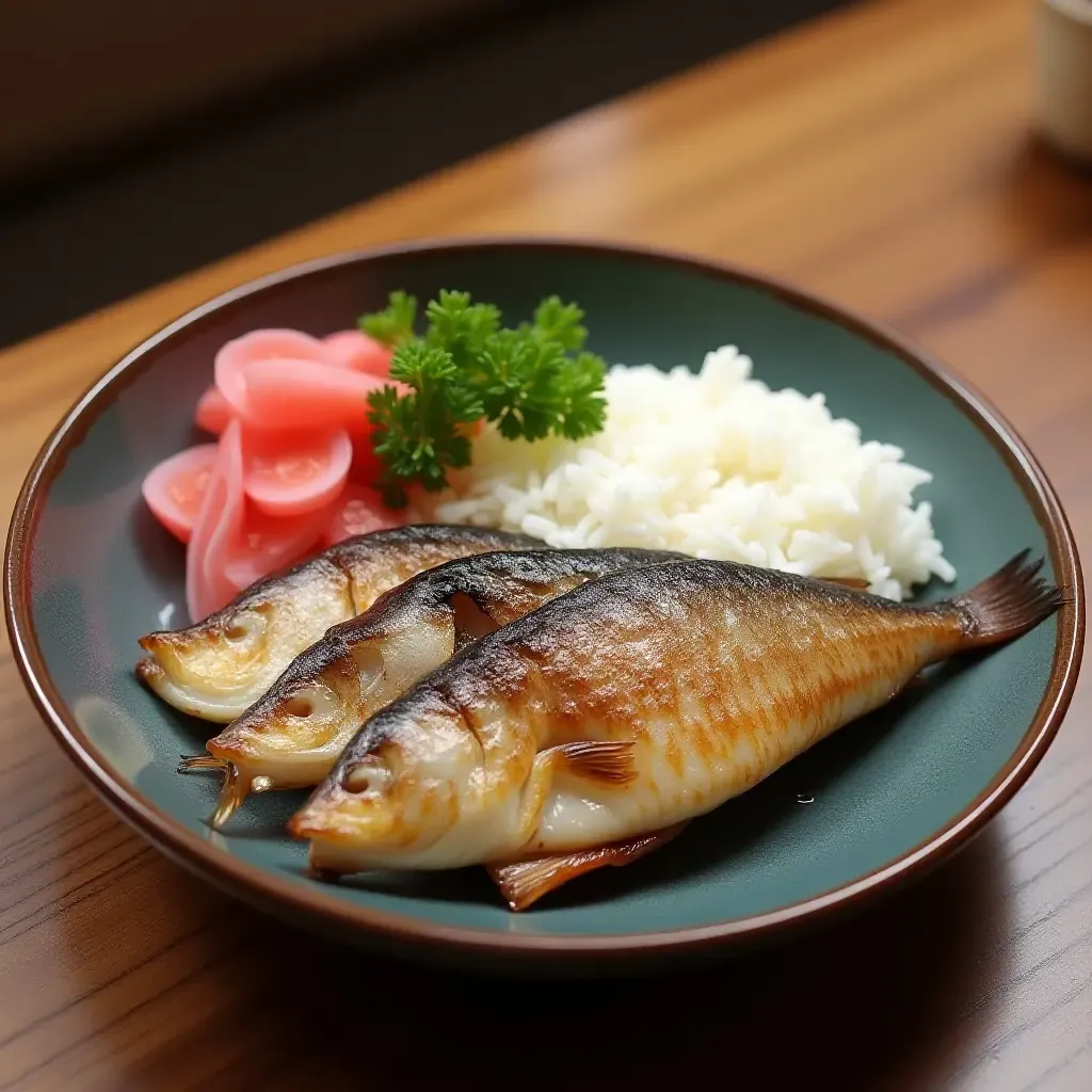 a photo of a healthy Japanese breakfast with grilled mackerel, rice, and a side of pickled radish.