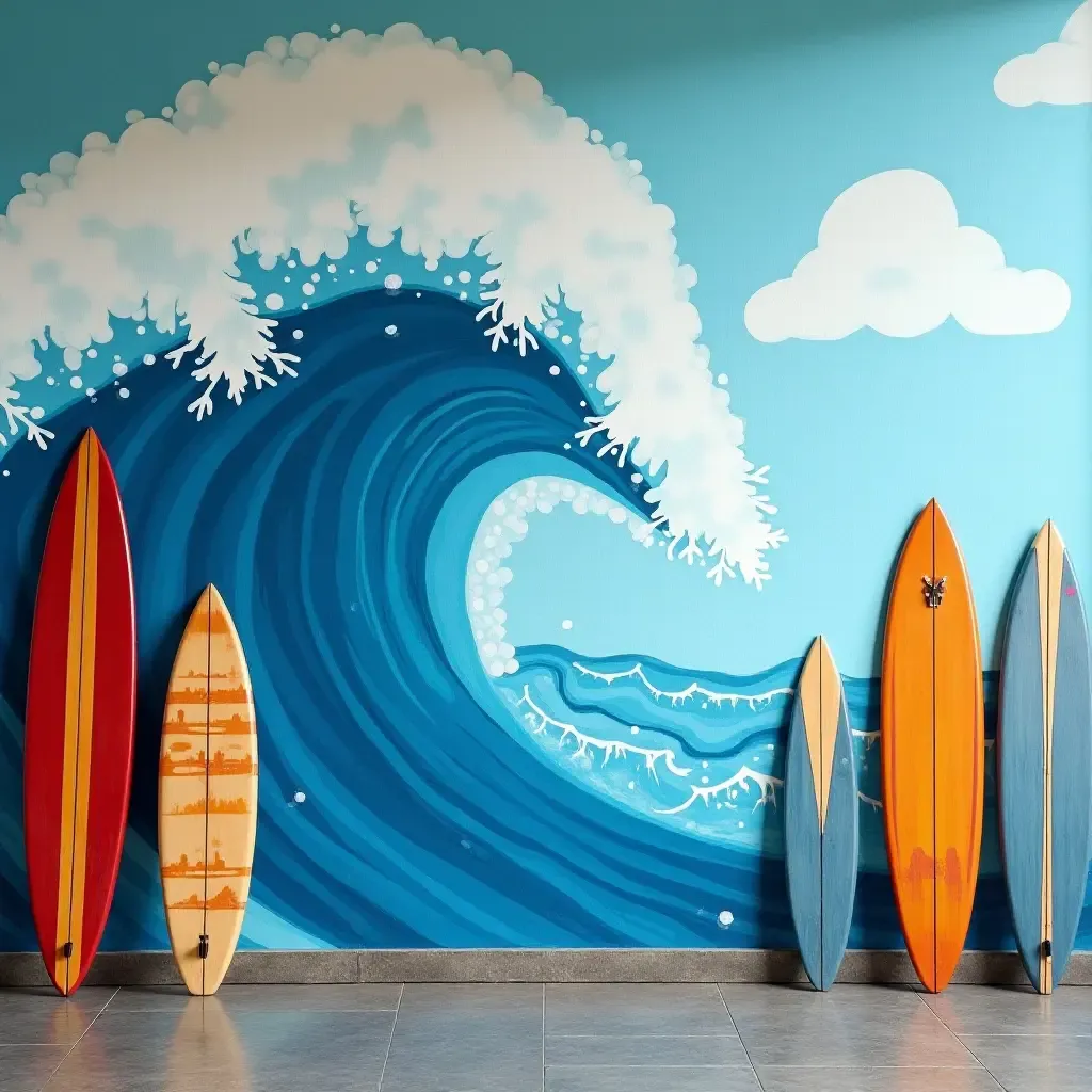 a photo of a charming ocean wave mural with surfboards