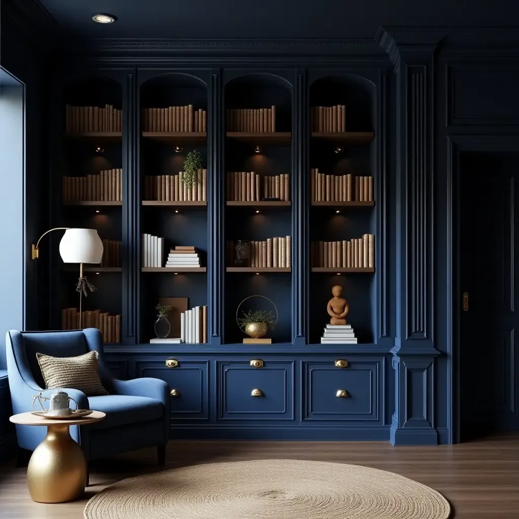 a photo of a navy blue and gold library with elegant decor