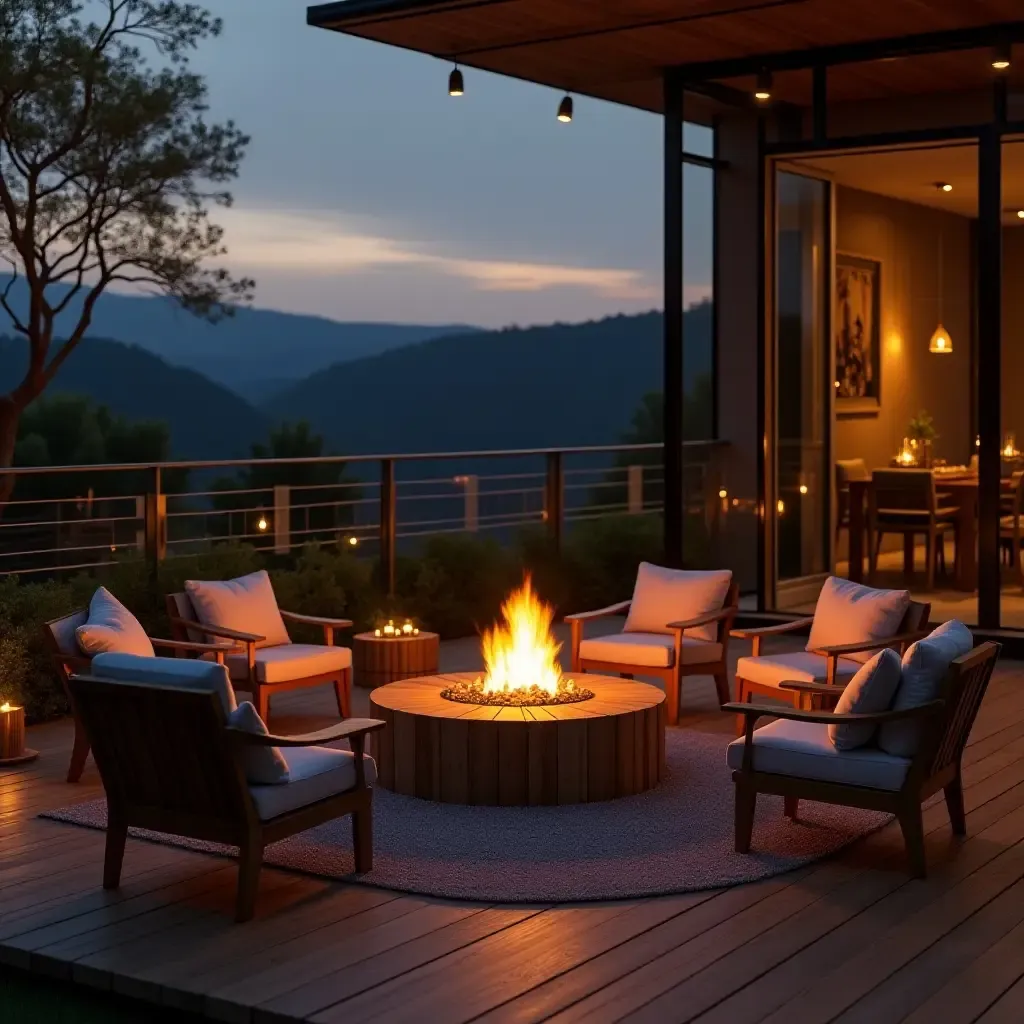 a photo of a balcony with a wooden fire pit and seating area