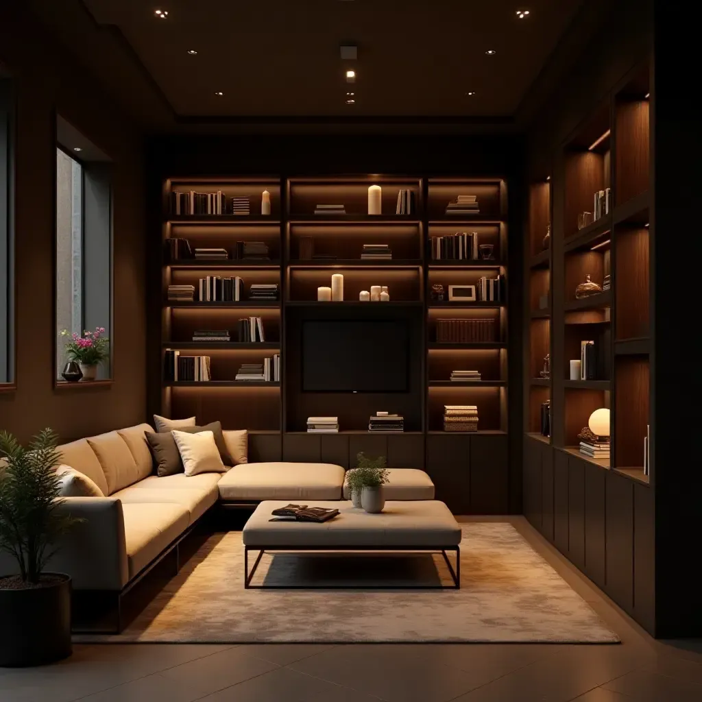 a photo of a cozy basement lounge with a large bookshelf and reading lights