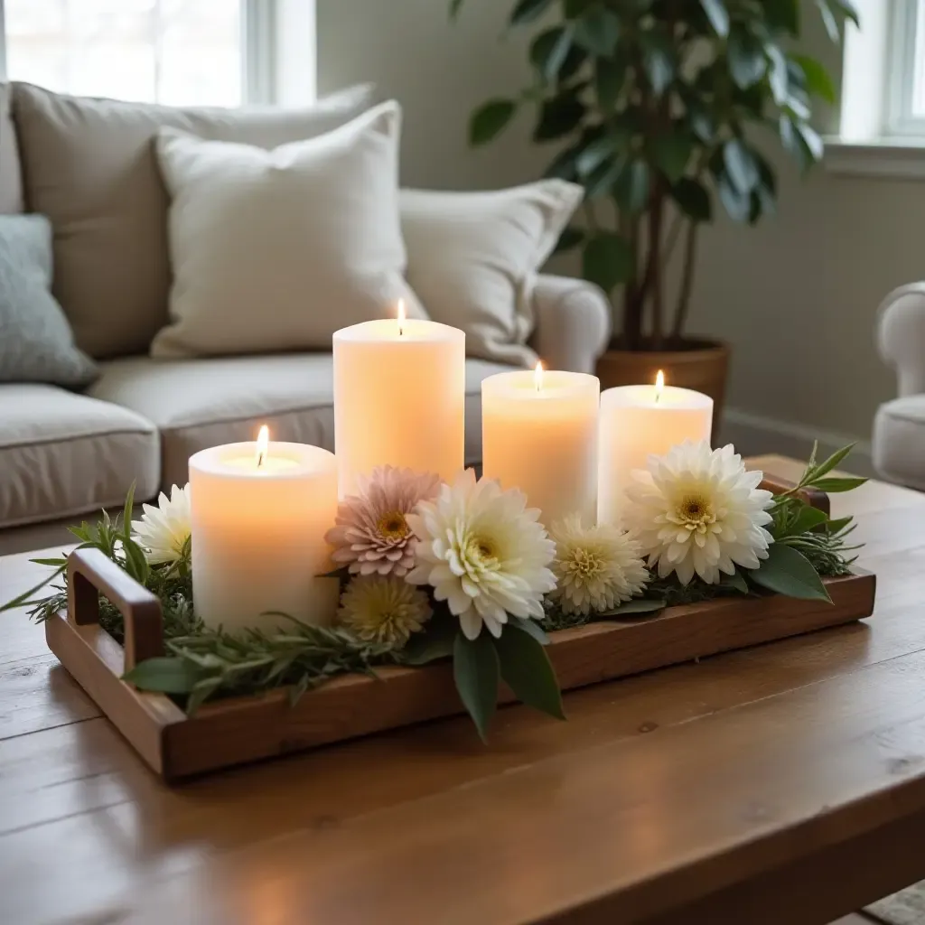 a photo of a rustic coffee table centerpiece featuring a wooden tray with candles and flowers