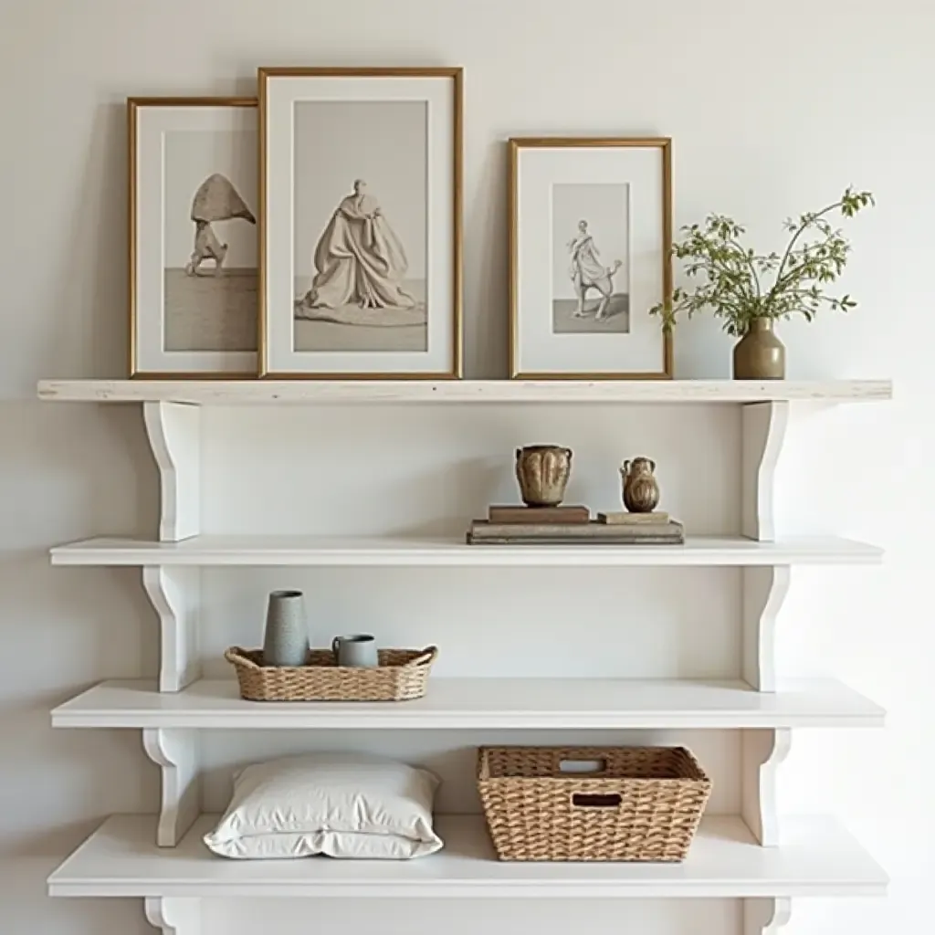 a photo of a stylish gallery shelf with curated decor pieces