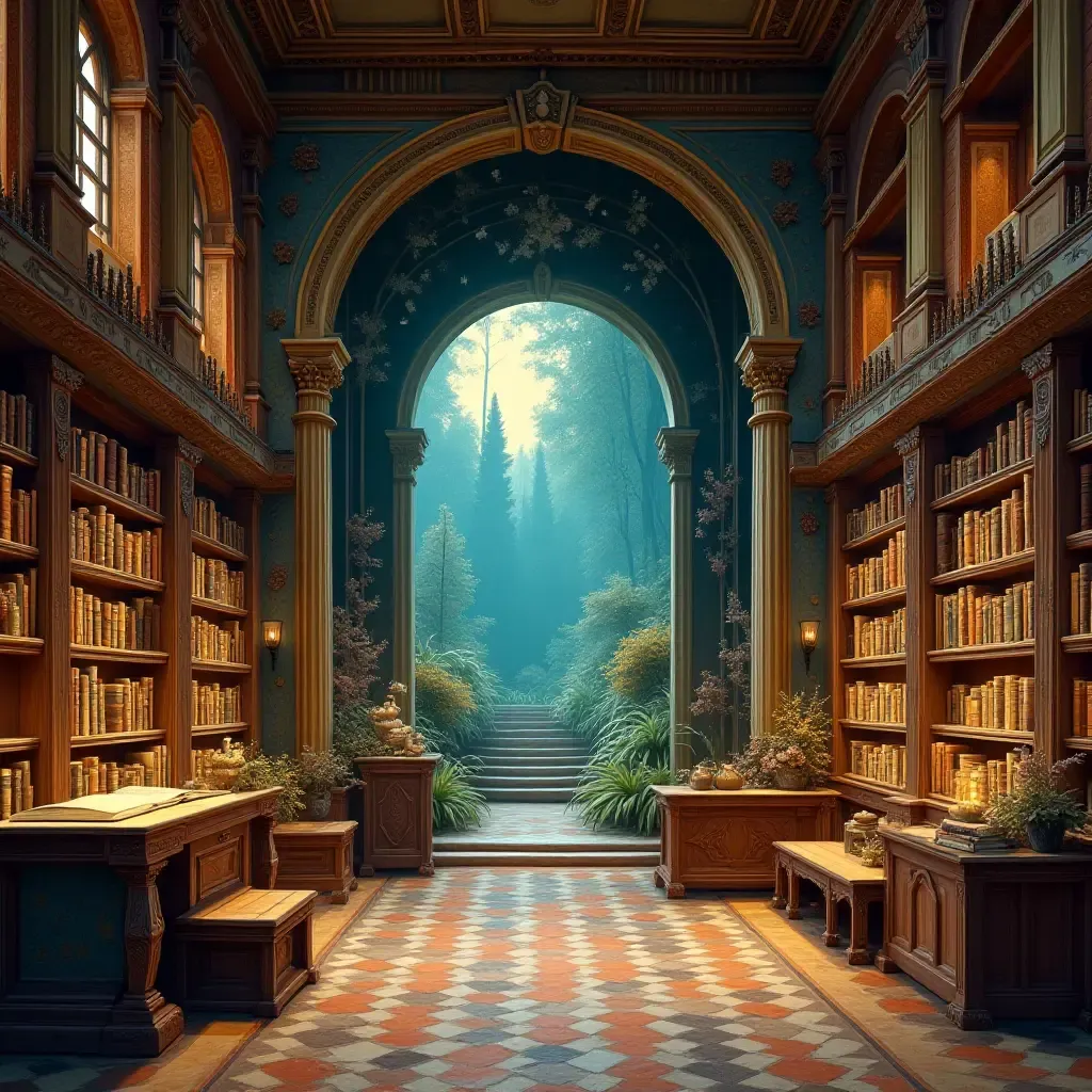 a photo of a mural of a magical library from a fantasy book