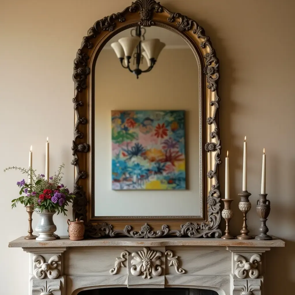 a photo of a vintage-style mirror reflecting colorful artwork on a mantel