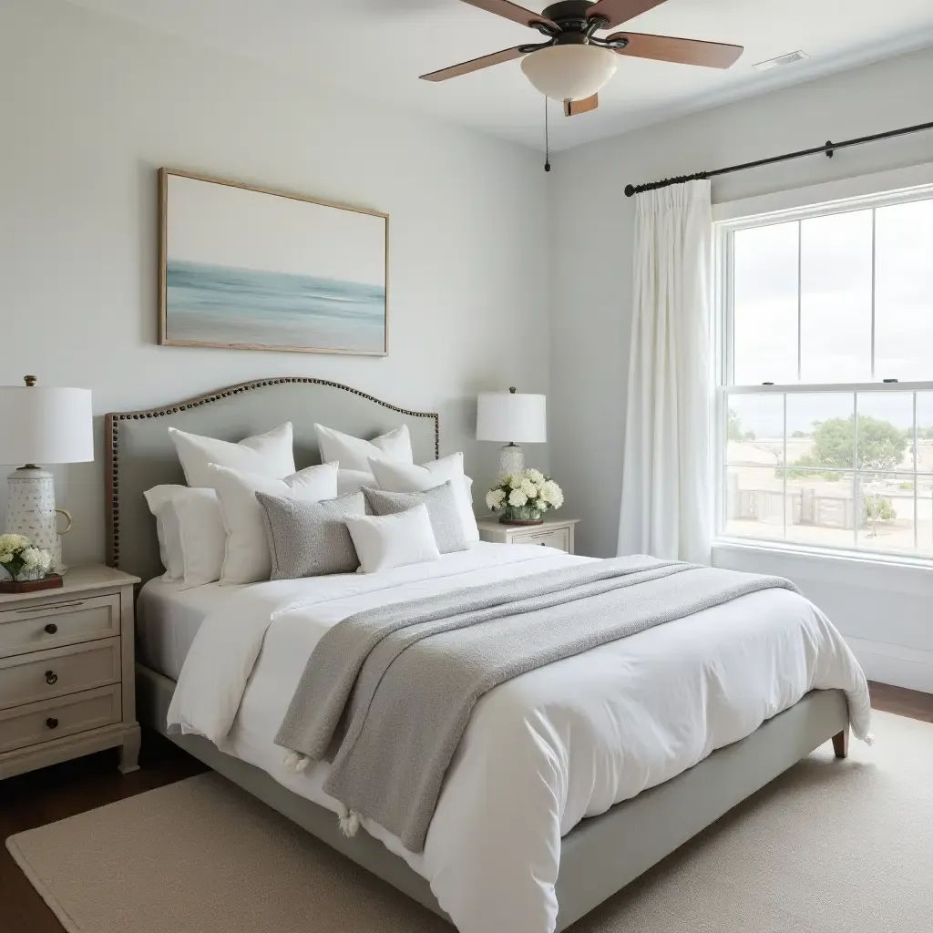 a photo of a coastal-themed bedroom featuring a light grey headboard and nautical accents