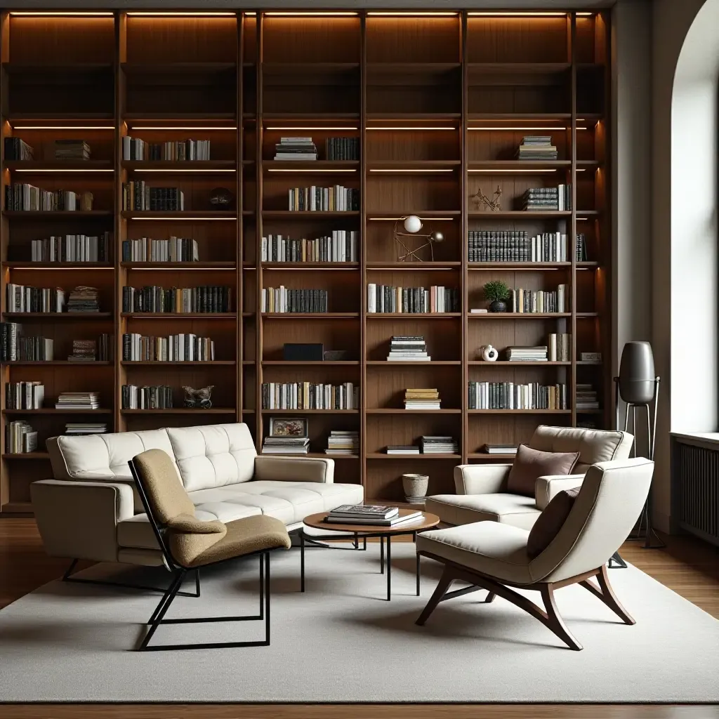 a photo of a library with a stylish mix of wood and metal furniture