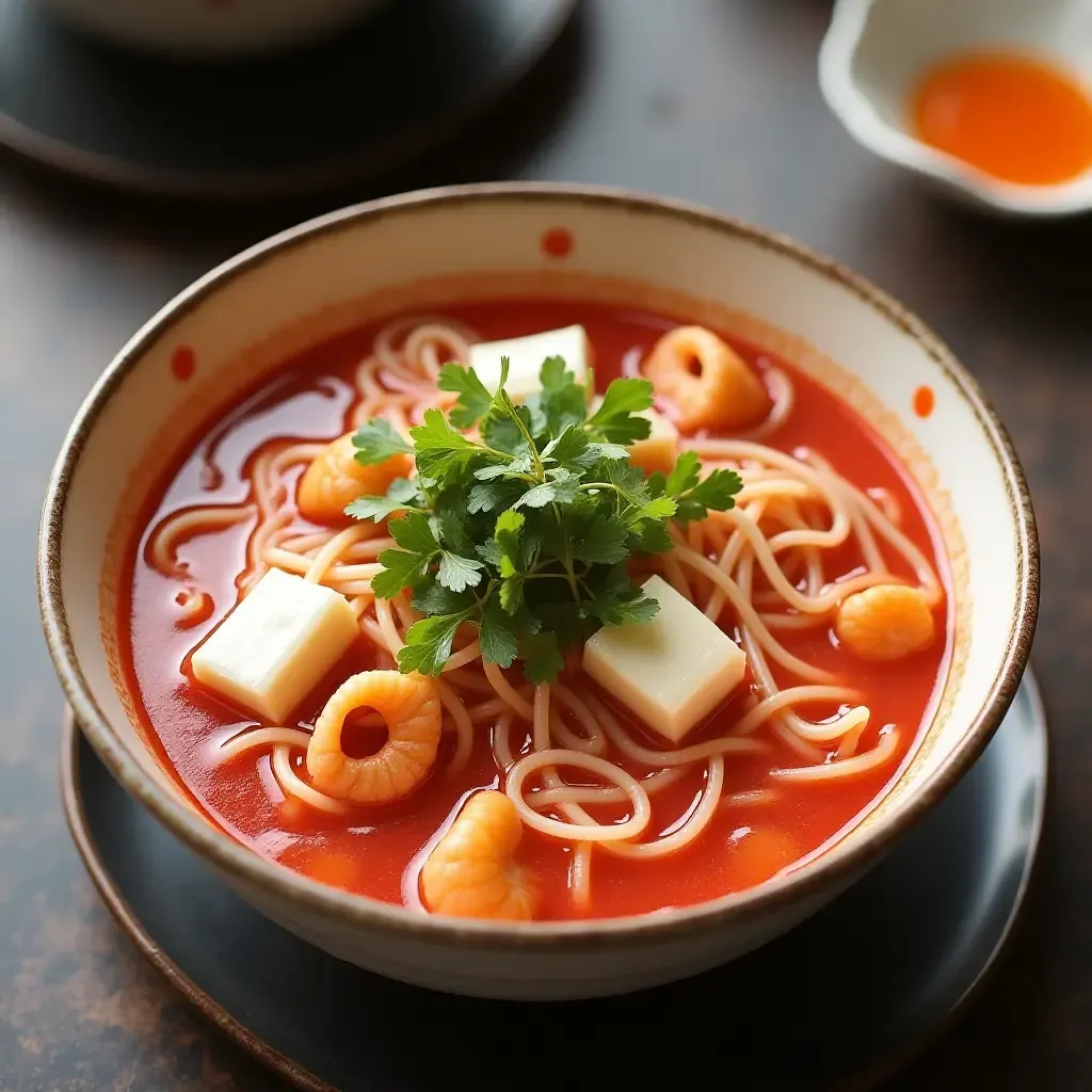 a photo of Yen Ta Fo, a vibrant pink noodle soup with seafood and fermented tofu.