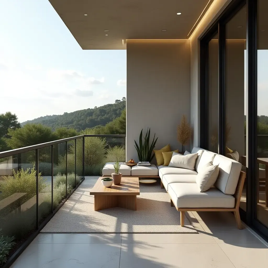 a photo of a balcony with a modern aesthetic and comfortable seating