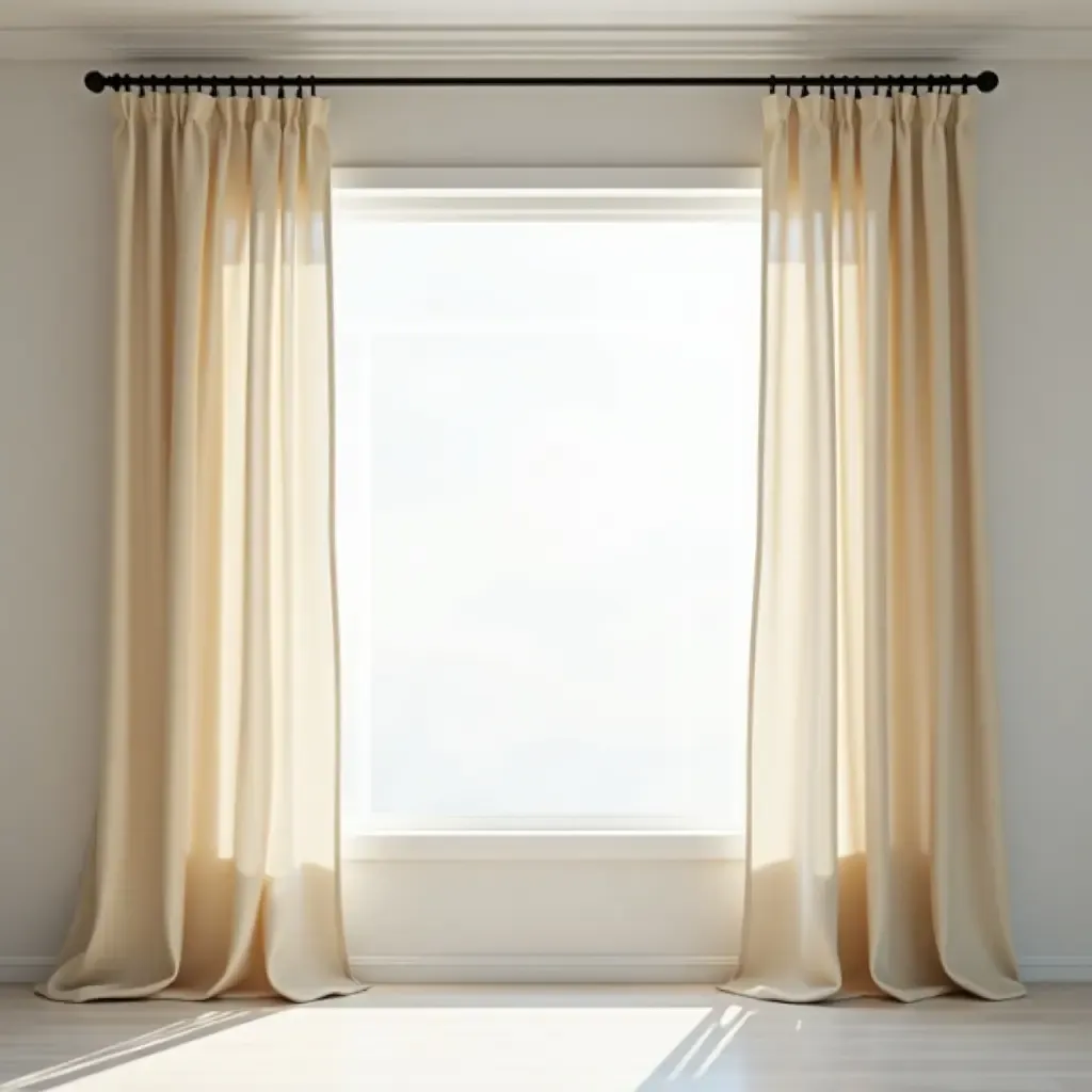 a photo of a bright room with a large window and soft curtains