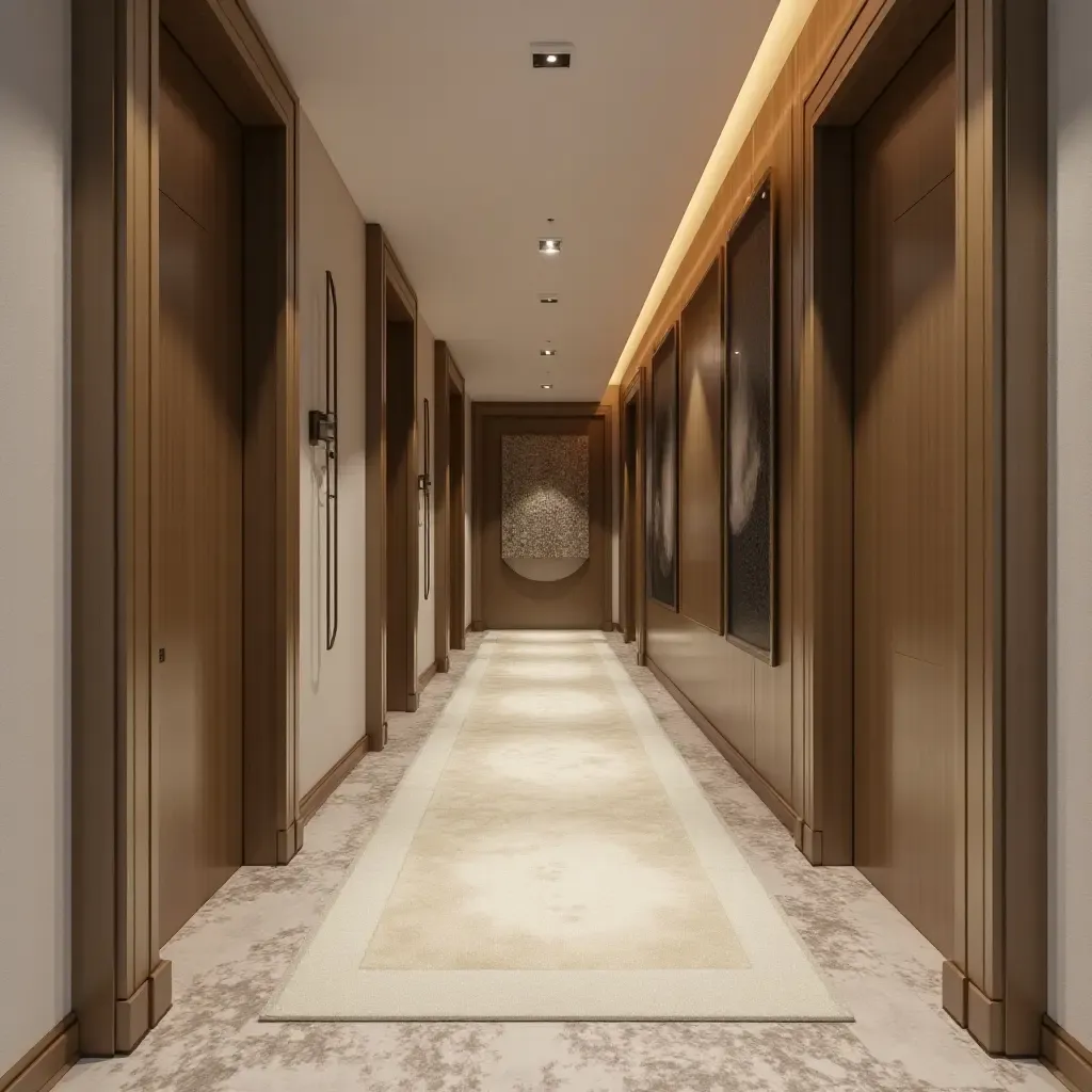 a photo of a stylish corridor with metallic decor elements and soft textiles