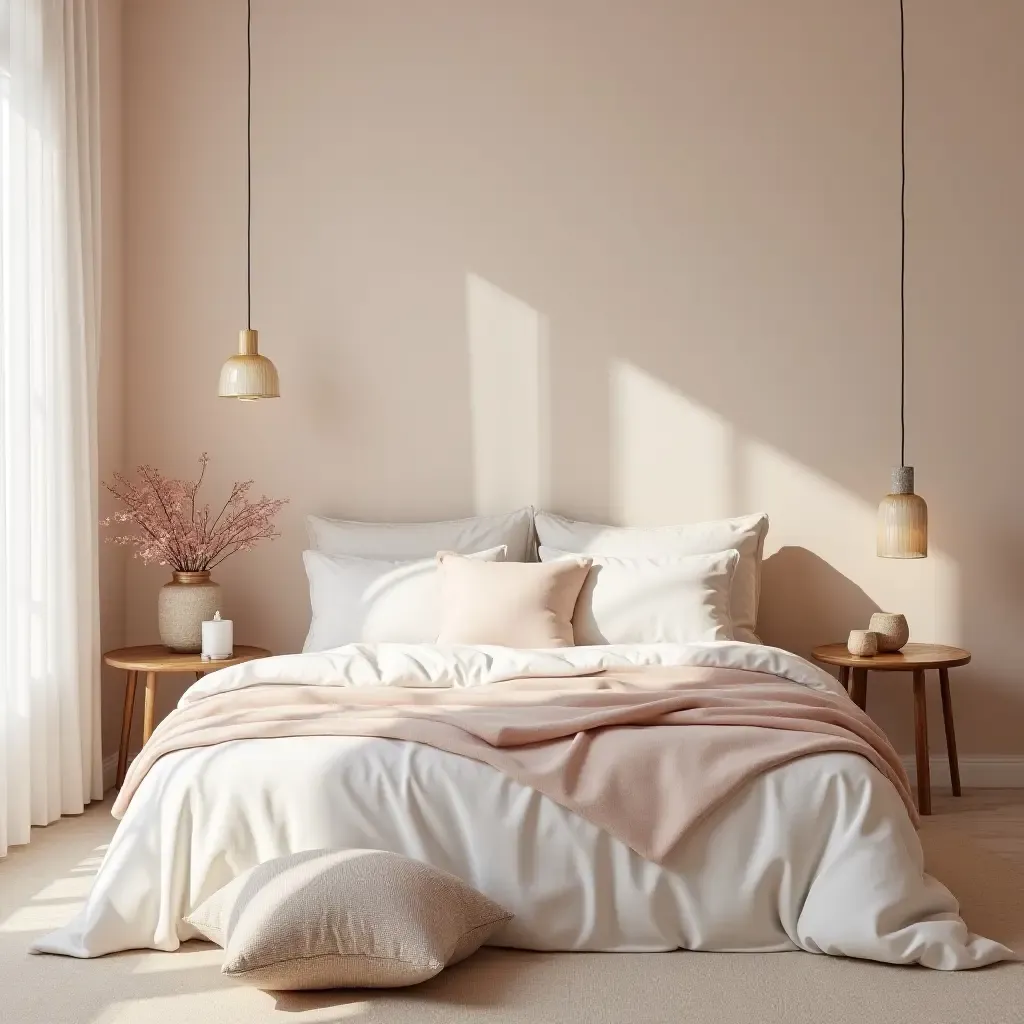 a photo of a bedroom with a soft, dreamy color scheme and decor