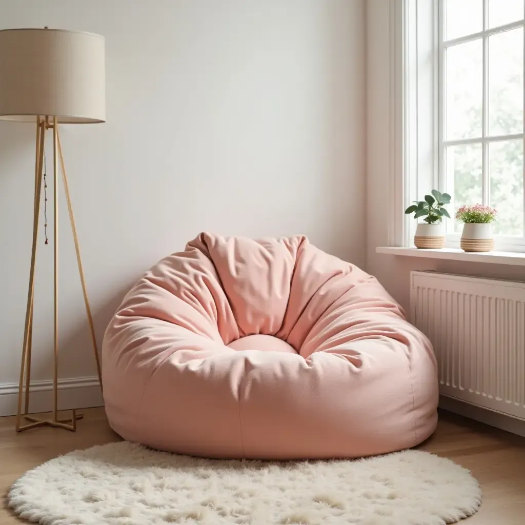 a photo of a plush bean bag chair in a corner of the room