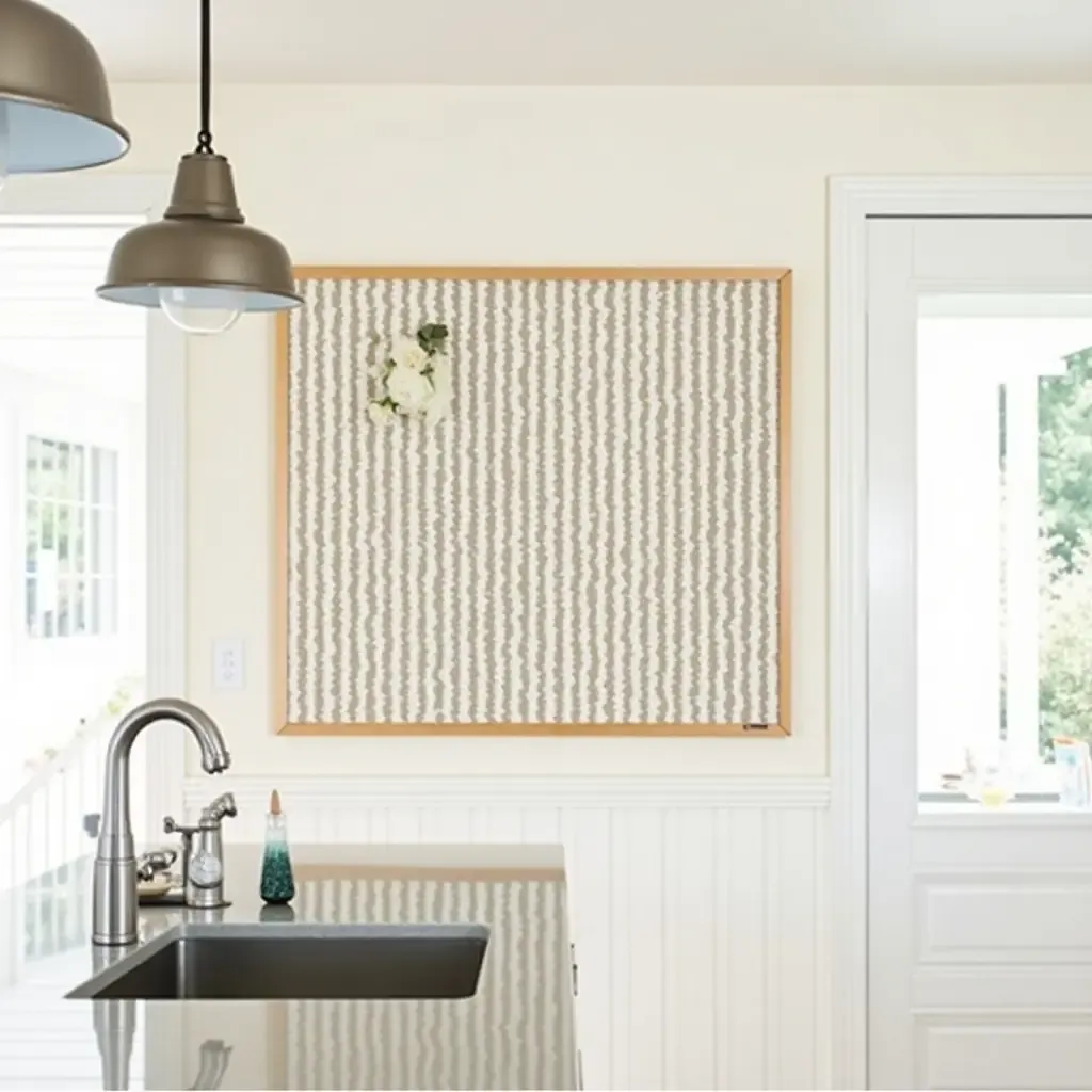 a photo of DIY fabric-covered bulletin board in a kitchen