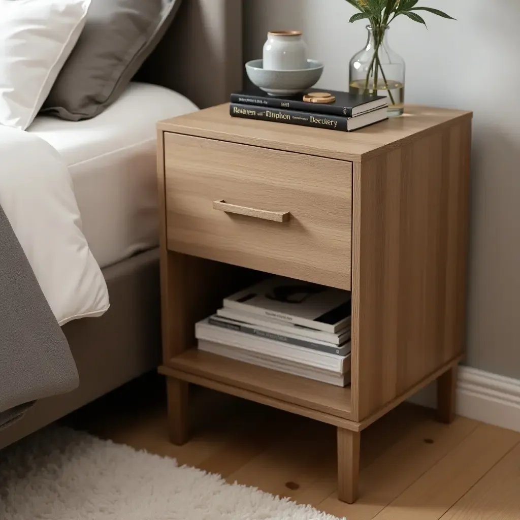 a photo of a bedside table with hidden book compartments