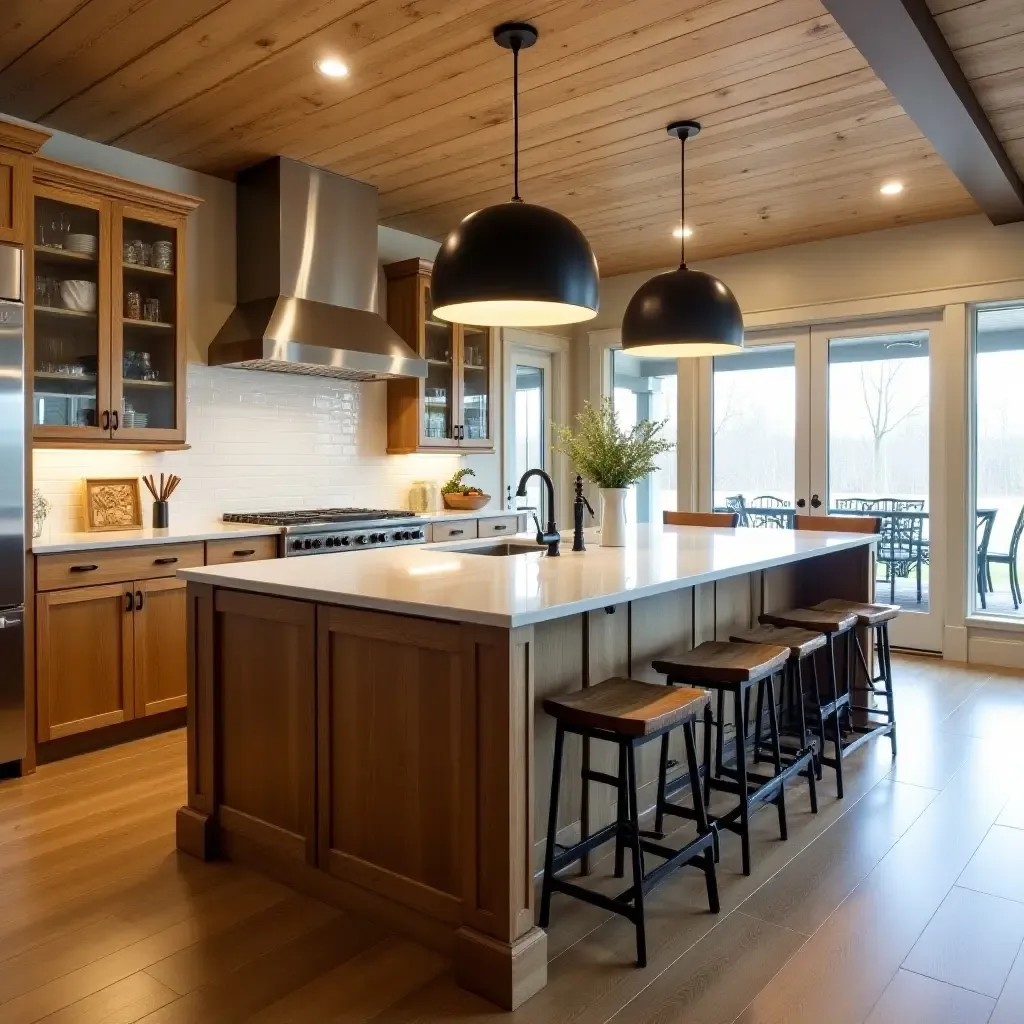 a photo of a spacious kitchen island with a rustic wood finish and casual seating