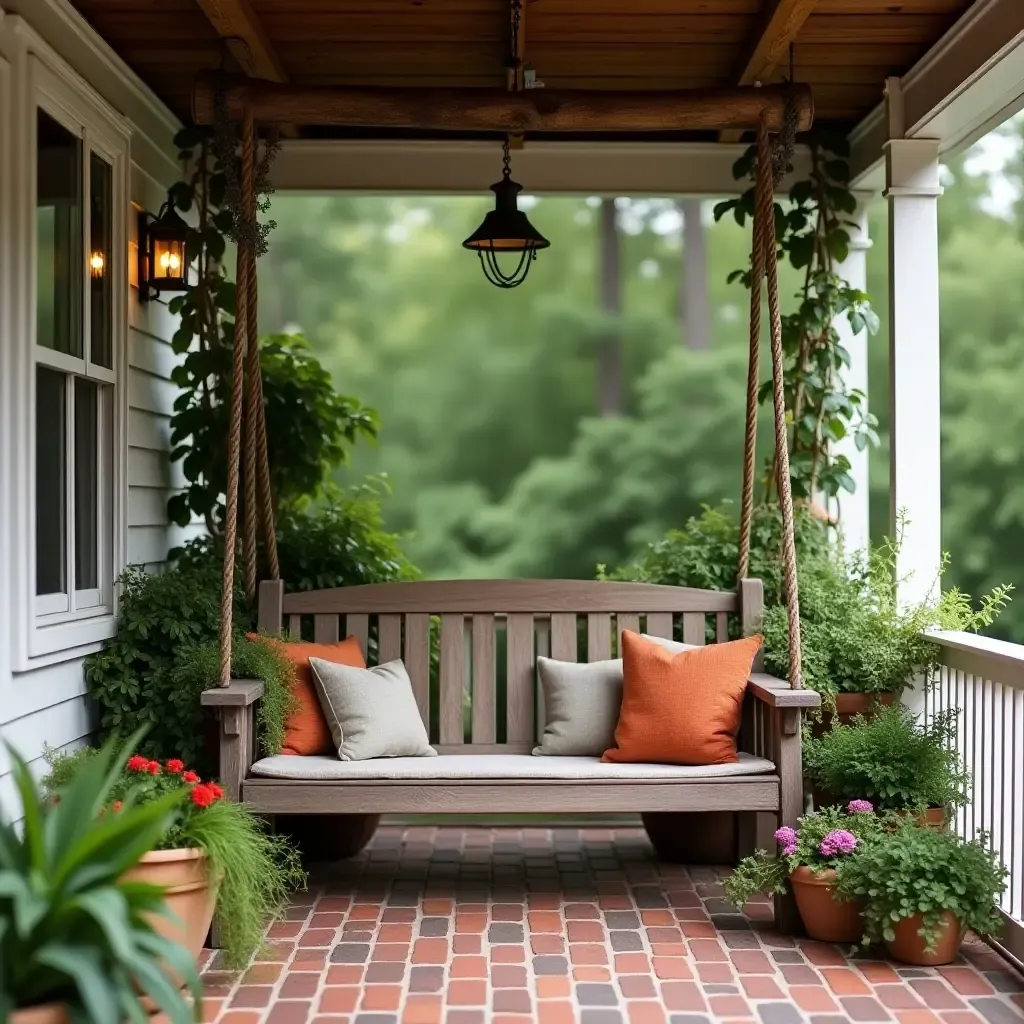 a photo of a rustic wooden swing adorned with potted plants on a porch