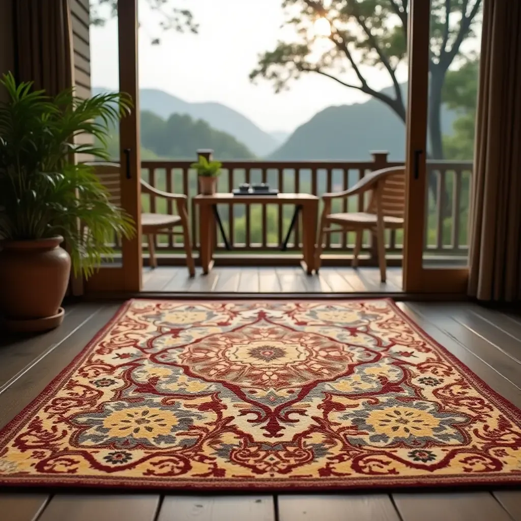 a photo of a rug with intricate mandala designs on a peaceful balcony