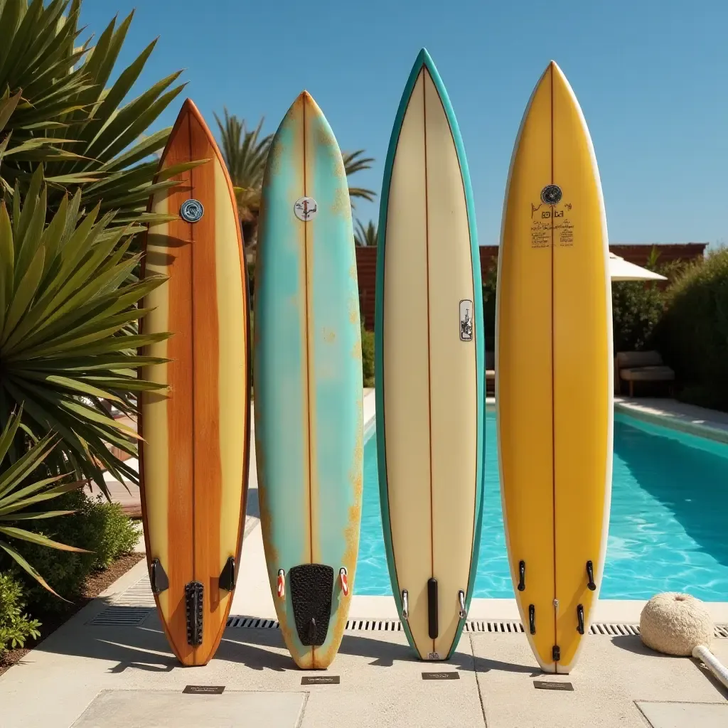 a photo of a vintage surfboard displayed near the pool area