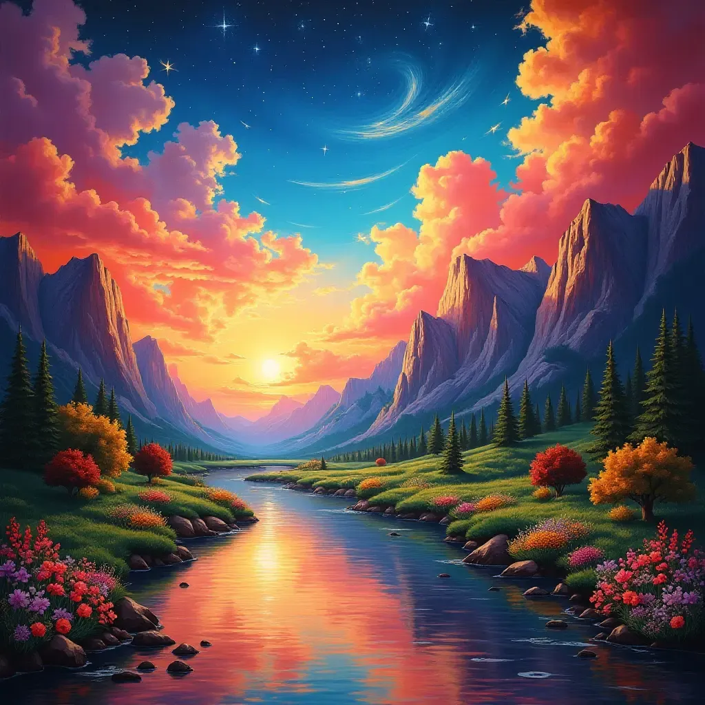 a photo of a colorful mural of a fantasy landscape