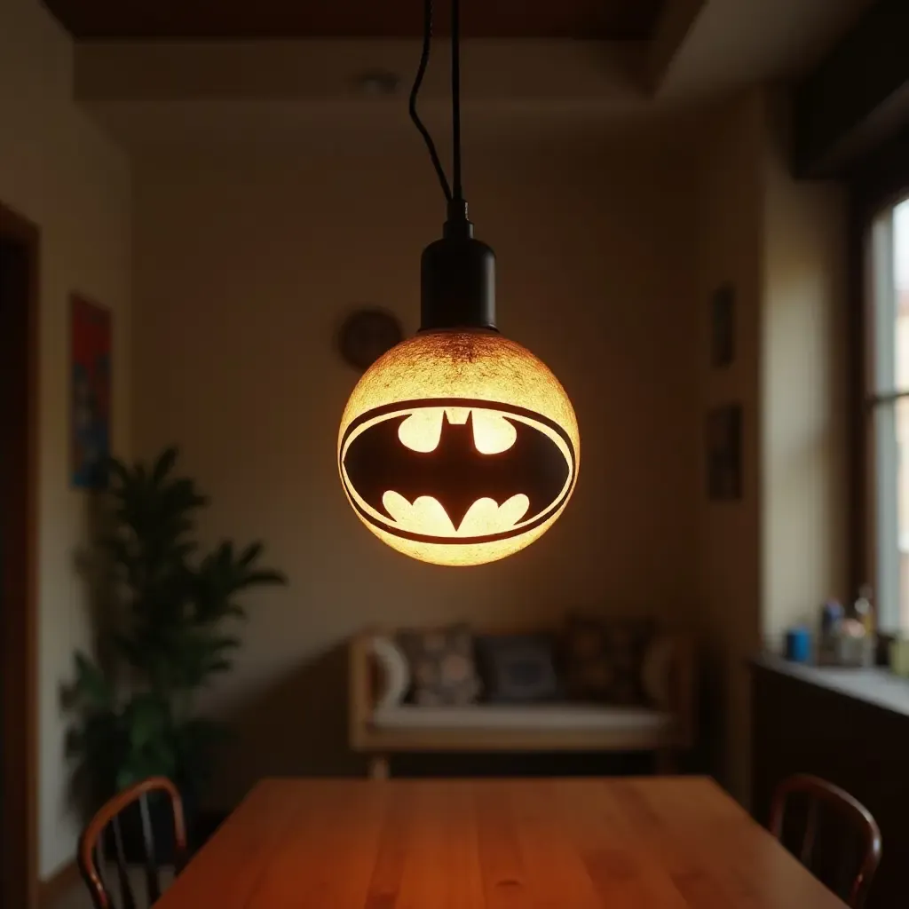 a photo of a pendant light with a superhero design in a comic book-themed room