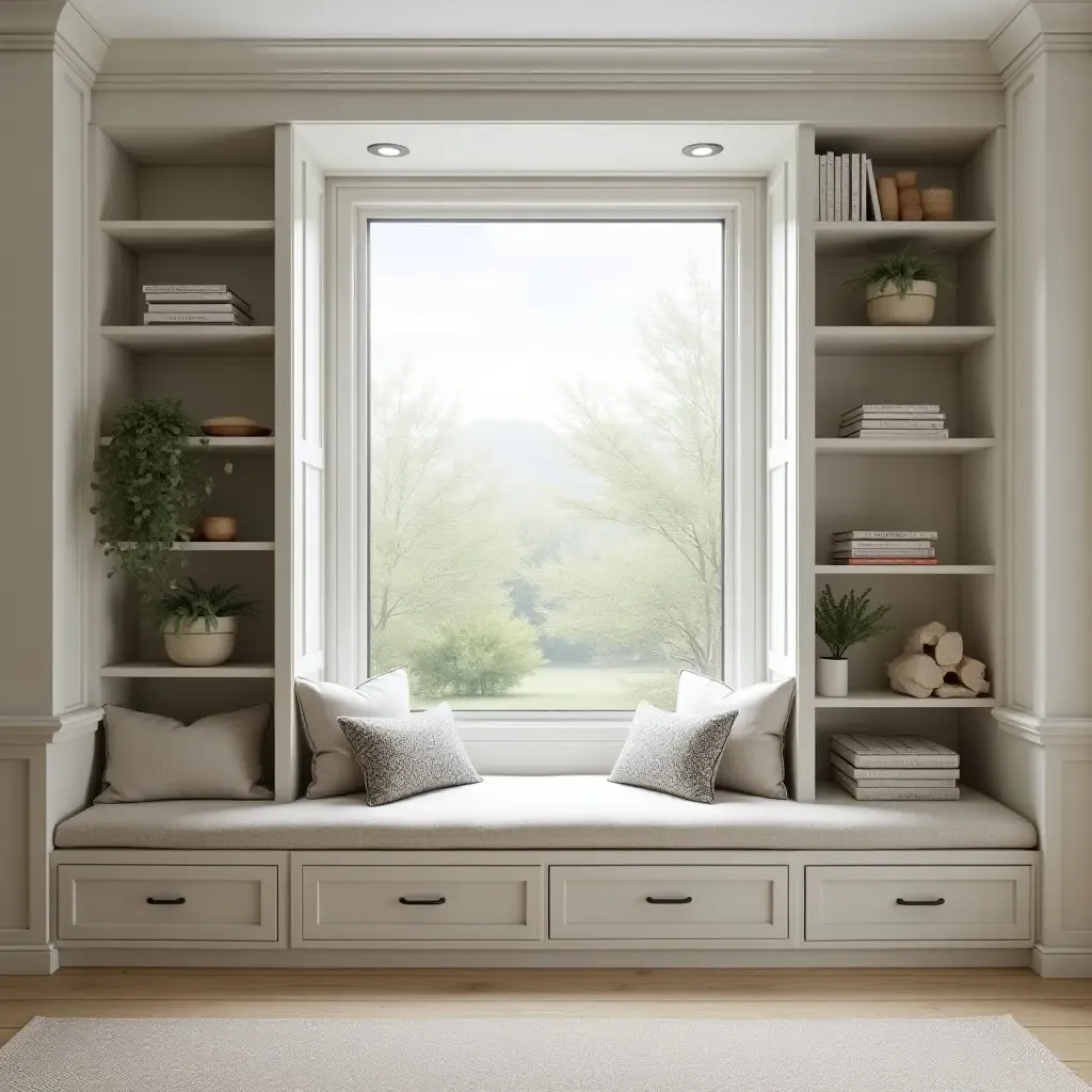 a photo of a built-in bookcase designed around a window with cushions