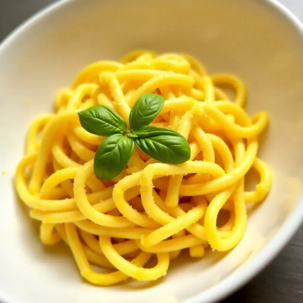 a photo of saffron-infused pasta with creamy sauce and fresh basil.