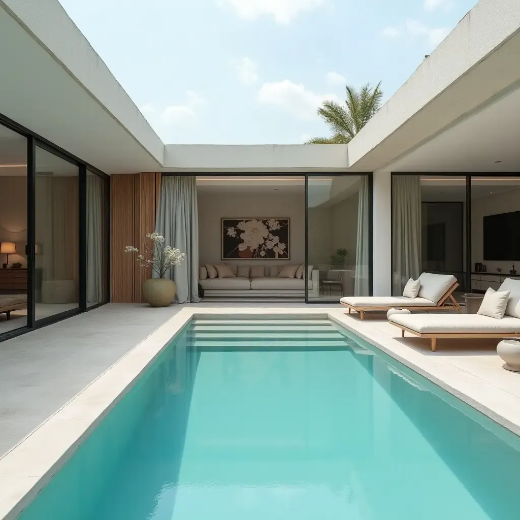 a photo of a sleek pool area with a sunken lounge and soft textiles