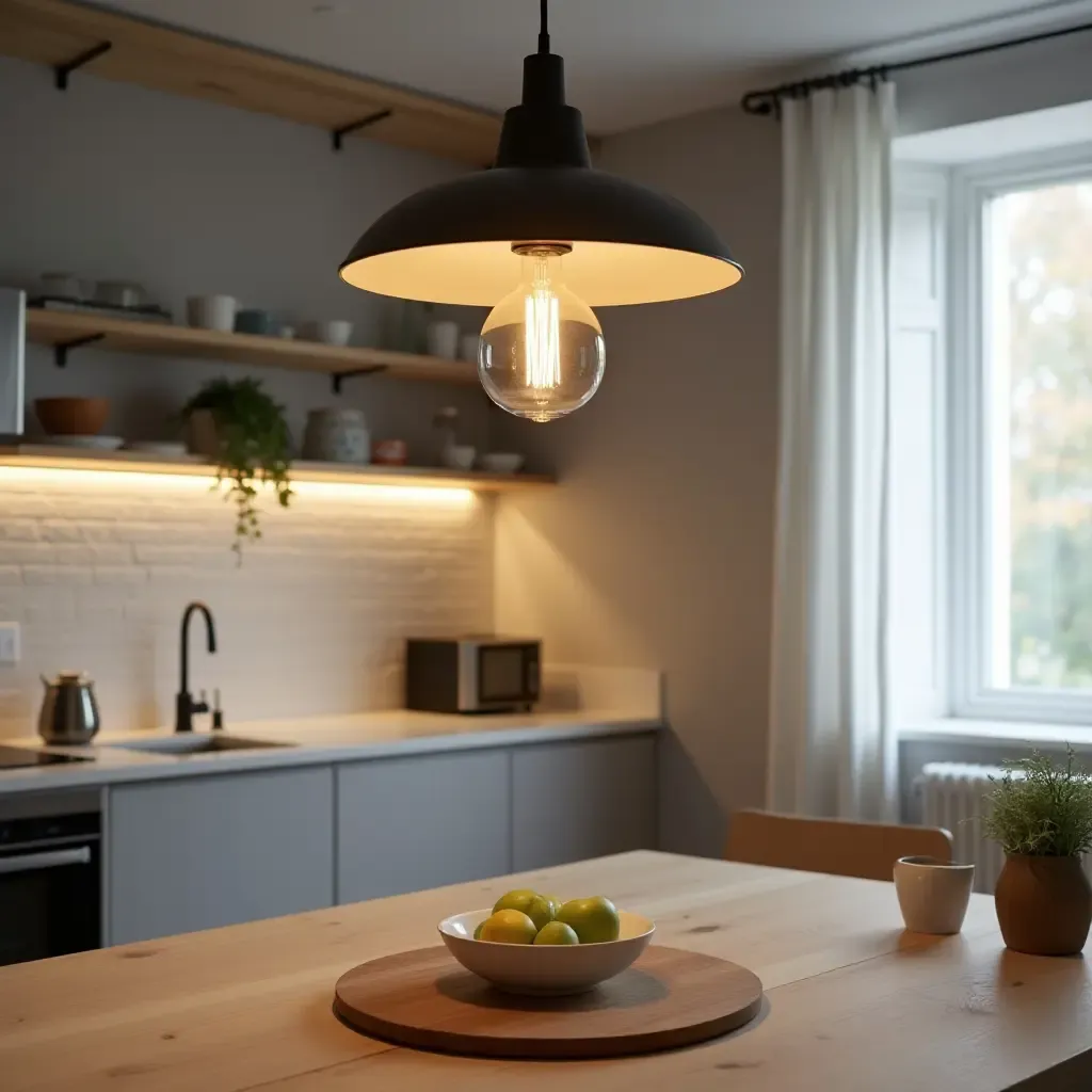 a photo of a small kitchen with a unique pendant light fixture