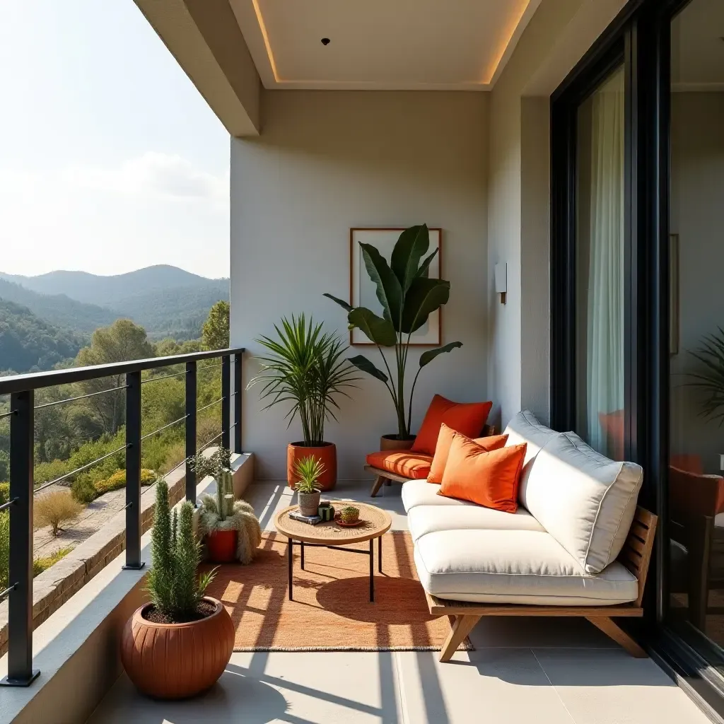 a photo of a balcony with a modern aesthetic and vibrant cushions