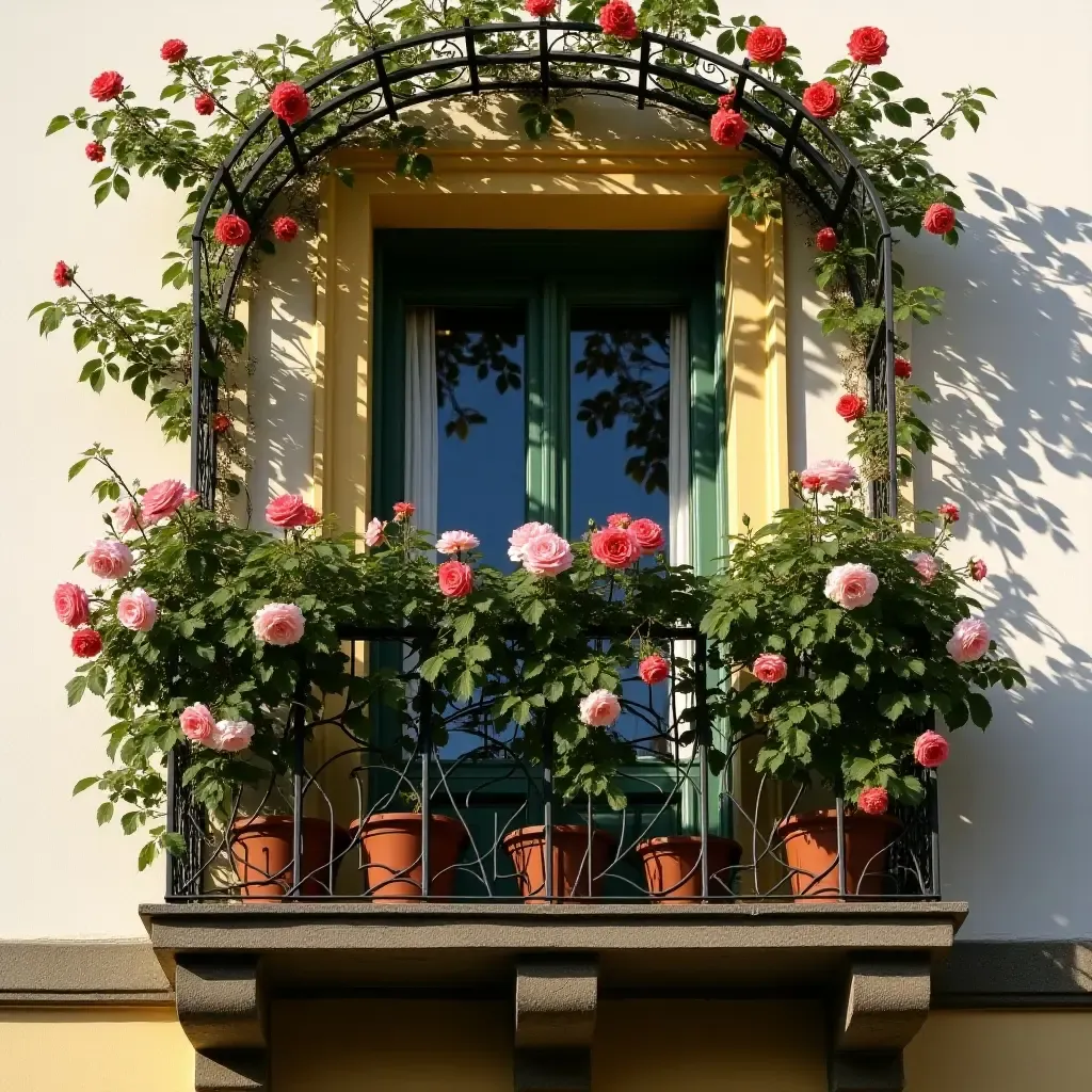 a photo of a balcony adorned with a trellis and climbing roses