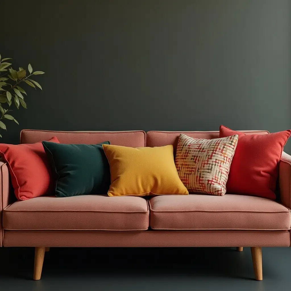 a photo of colorful throw pillows arranged on a stylish sofa