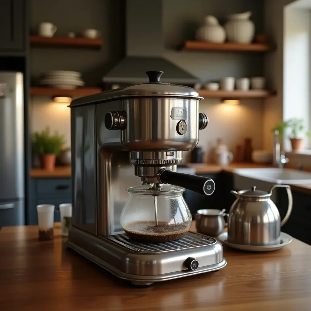 a photo of an antique coffee maker in a stylish kitchen