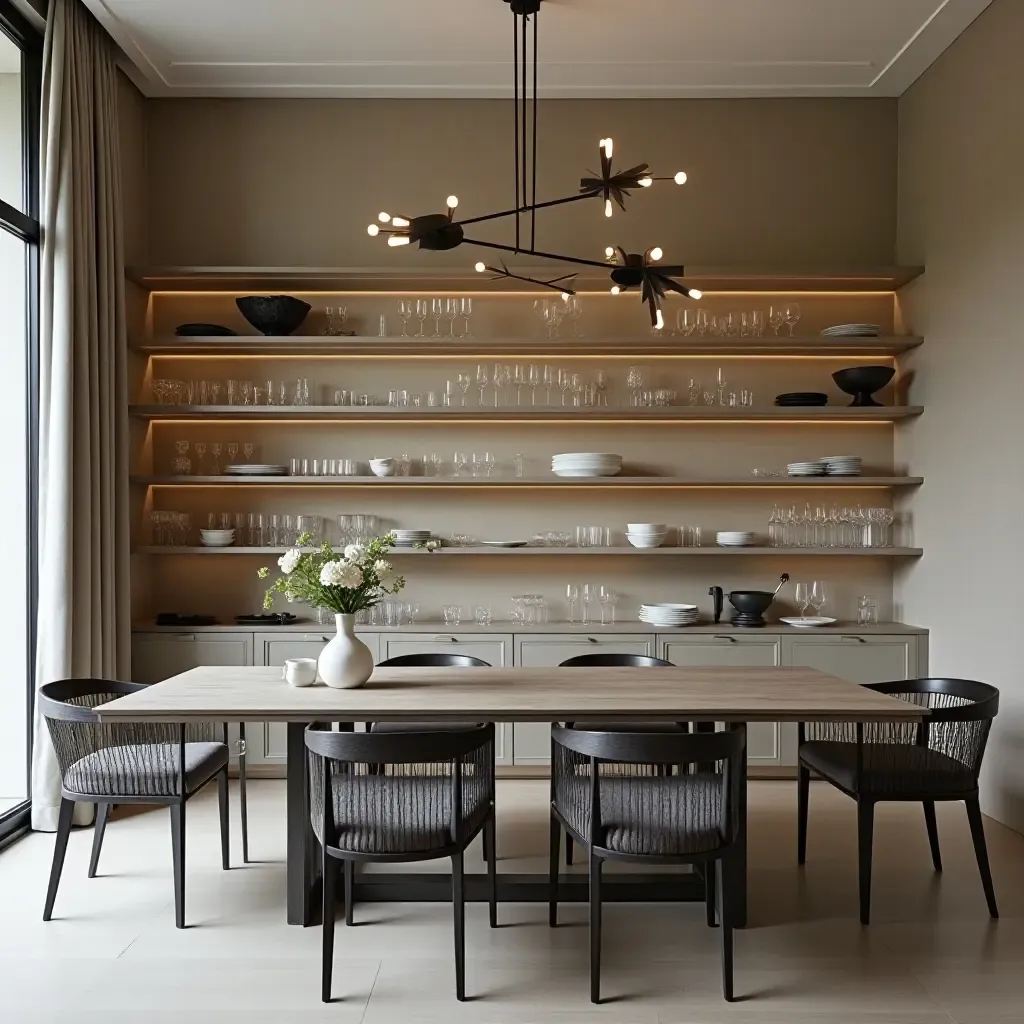 a photo of a chic dining room with open shelves displaying elegant glassware