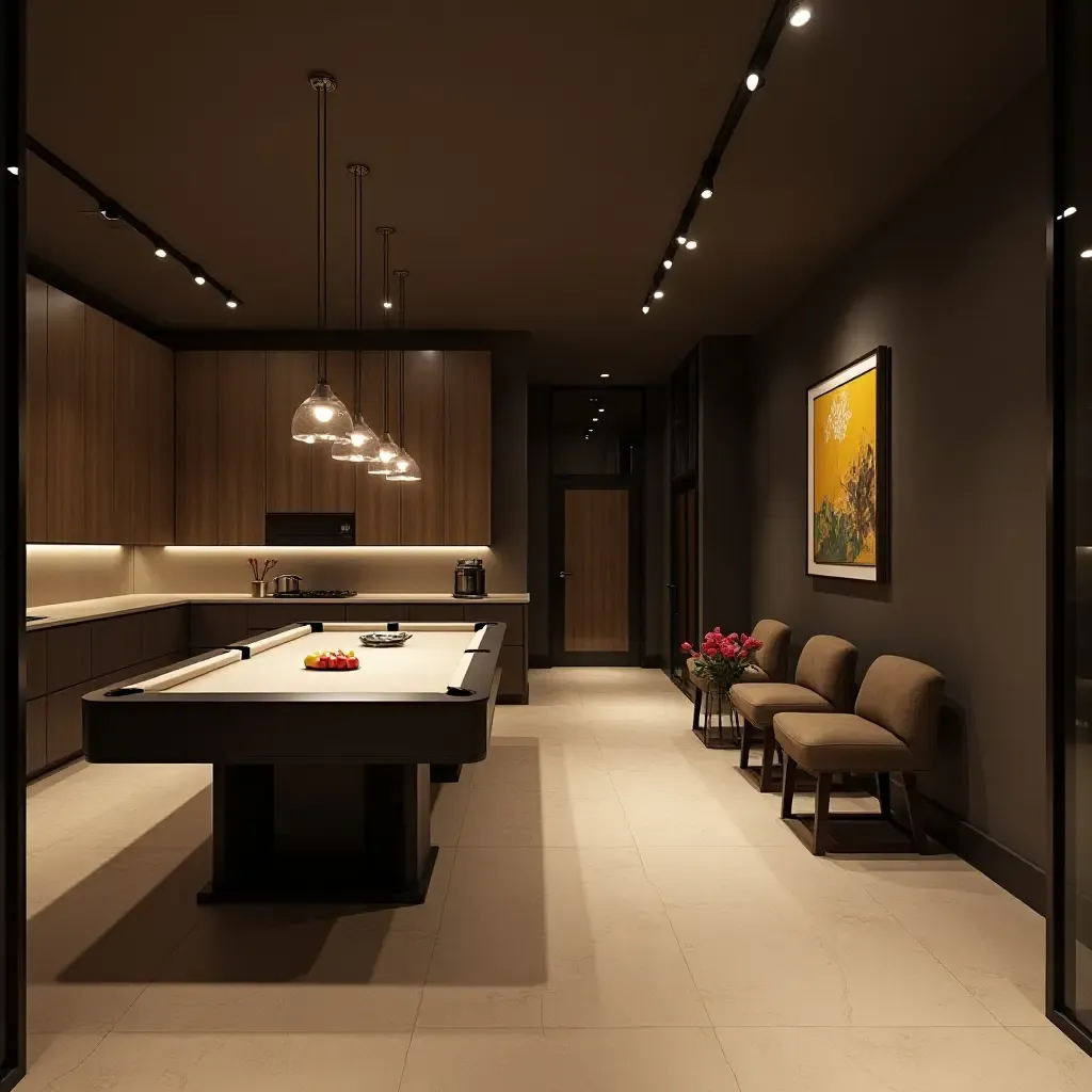 a photo of a modern basement with sleek pendant lights