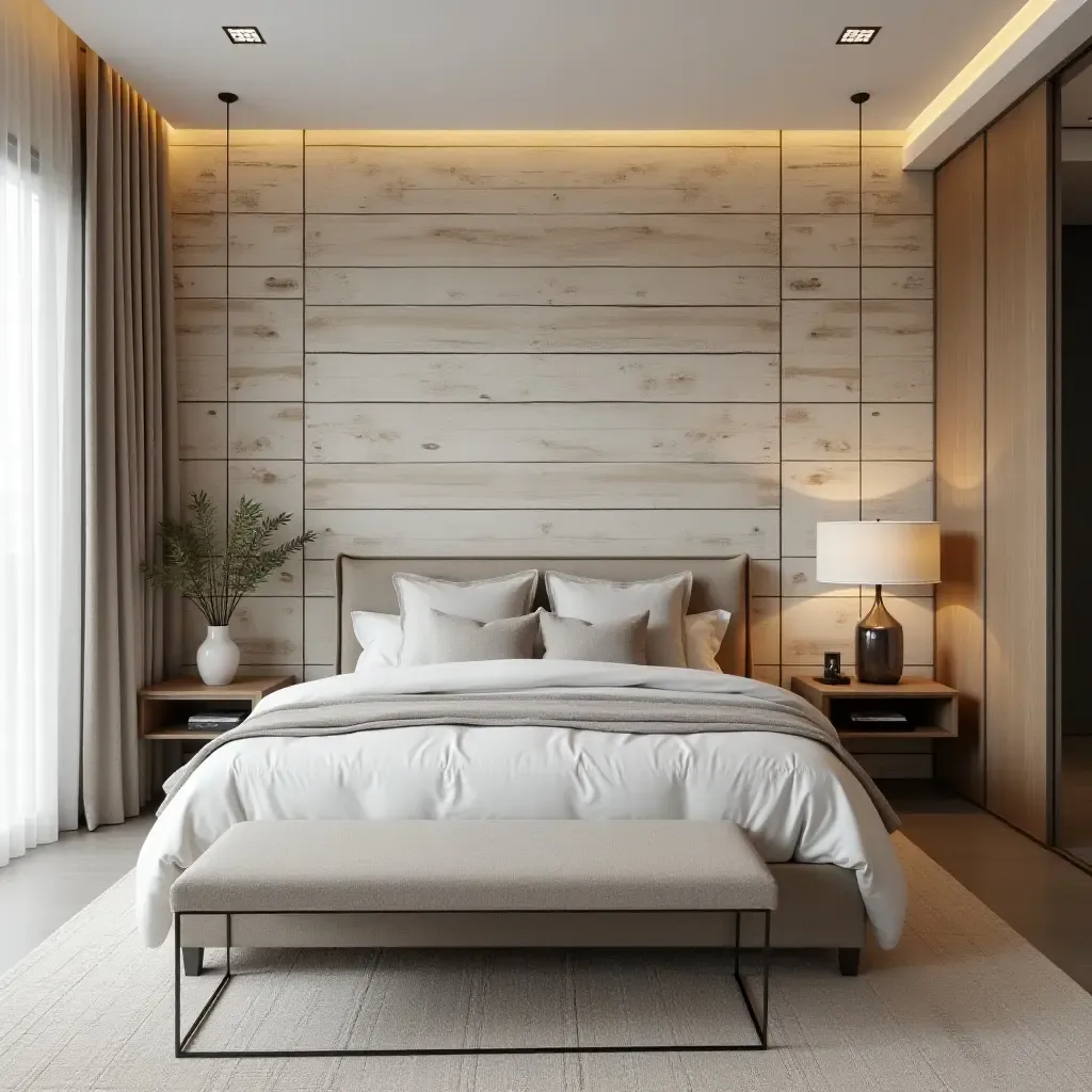 a photo of a bedroom with a distressed wood accent wall