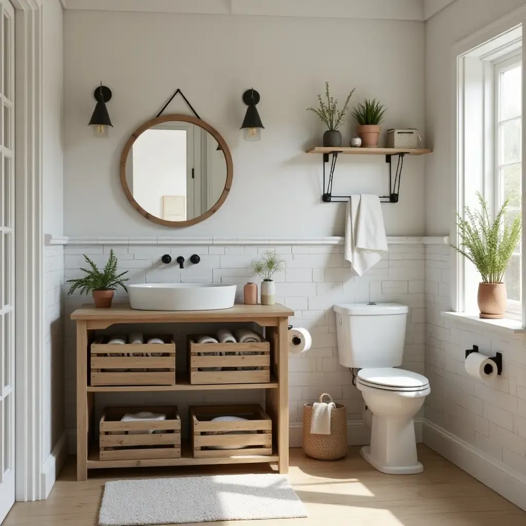 a photo of a rustic bathroom with wooden crates for organization