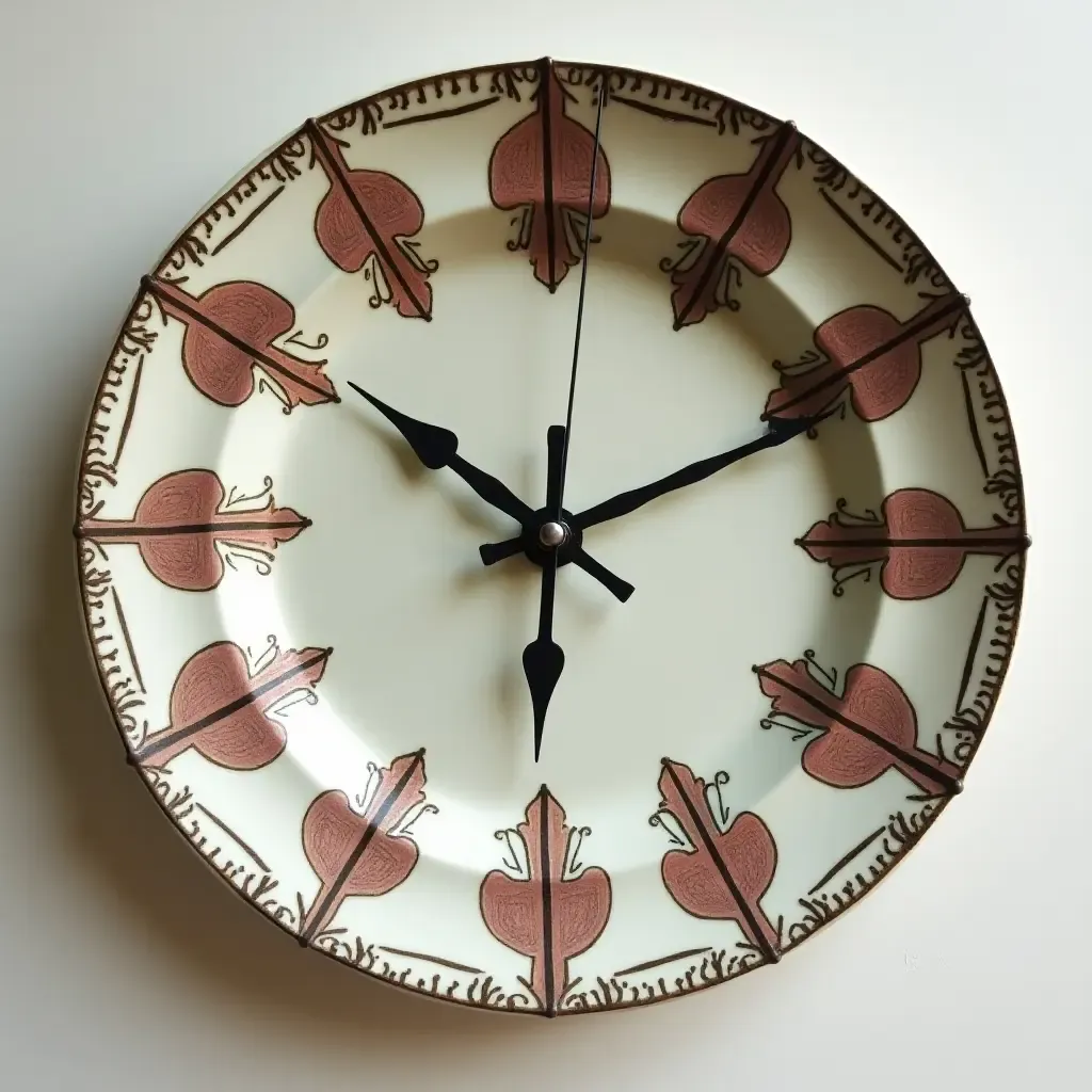 a photo of a whimsical bathroom clock made from an old plate