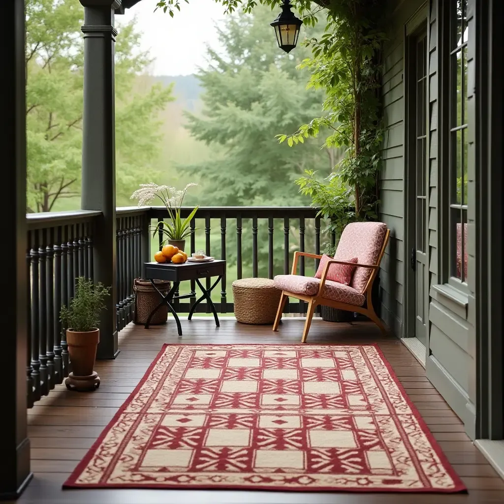 a photo of a classic checkered rug on a traditional balcony setting