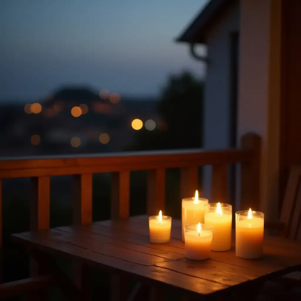 a photo of a balcony with flickering candles on a wooden table